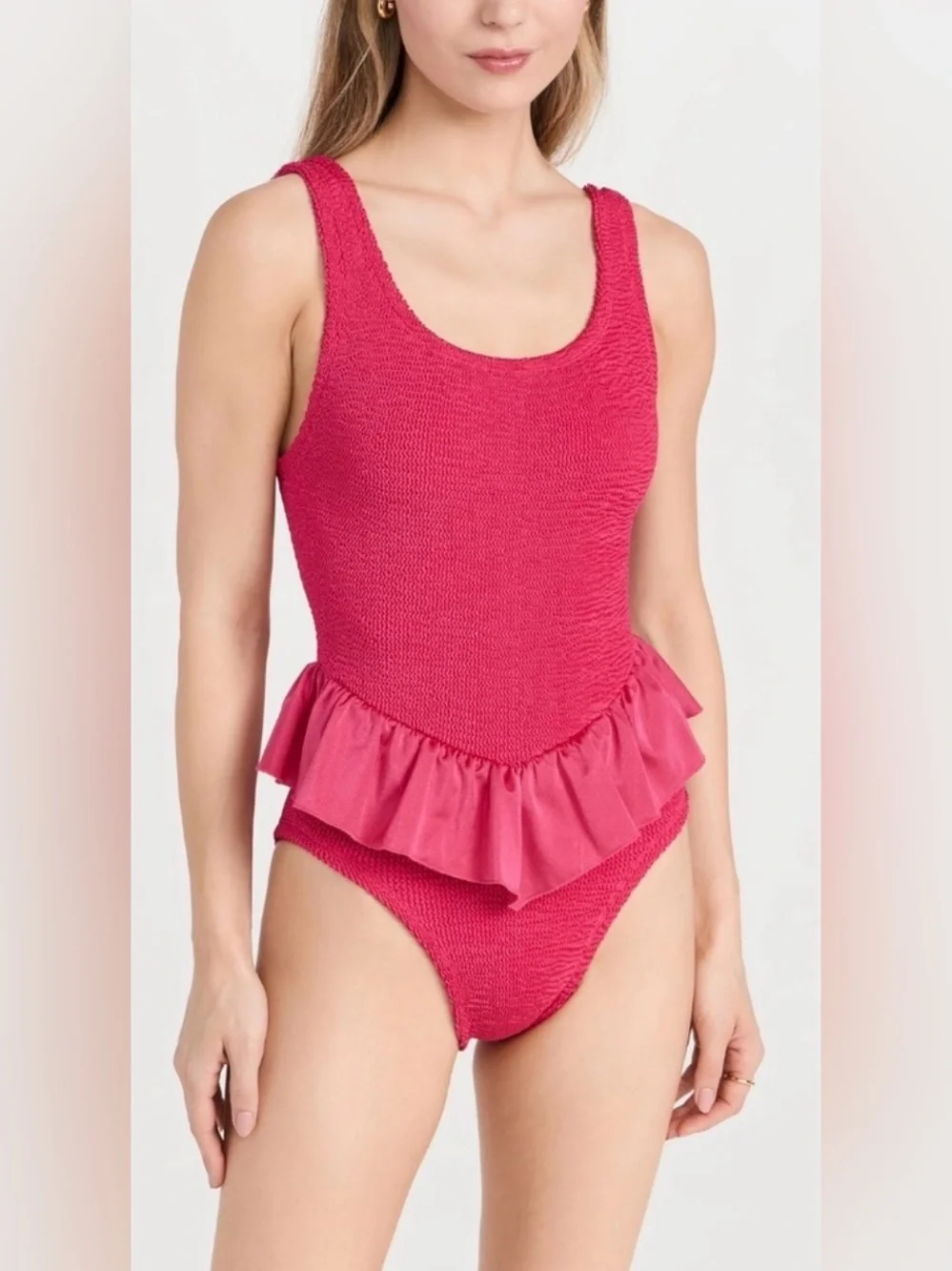 Hunza G‎ Denise Frill Metallic Crinkle One Piece Swimsuit Pink